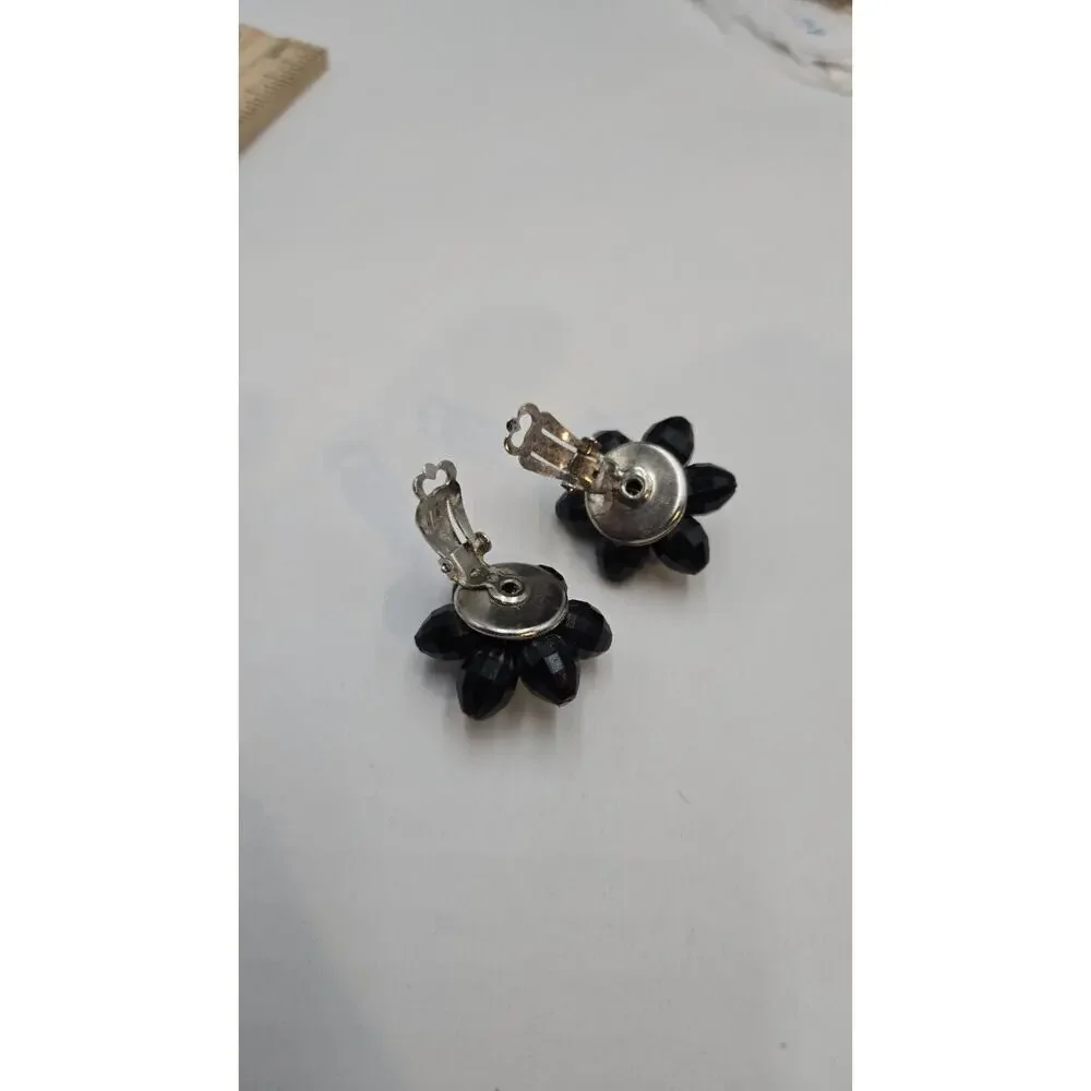 Vintage West Germany Black Acrylic Beaded Clip On Earrings Floral Flower